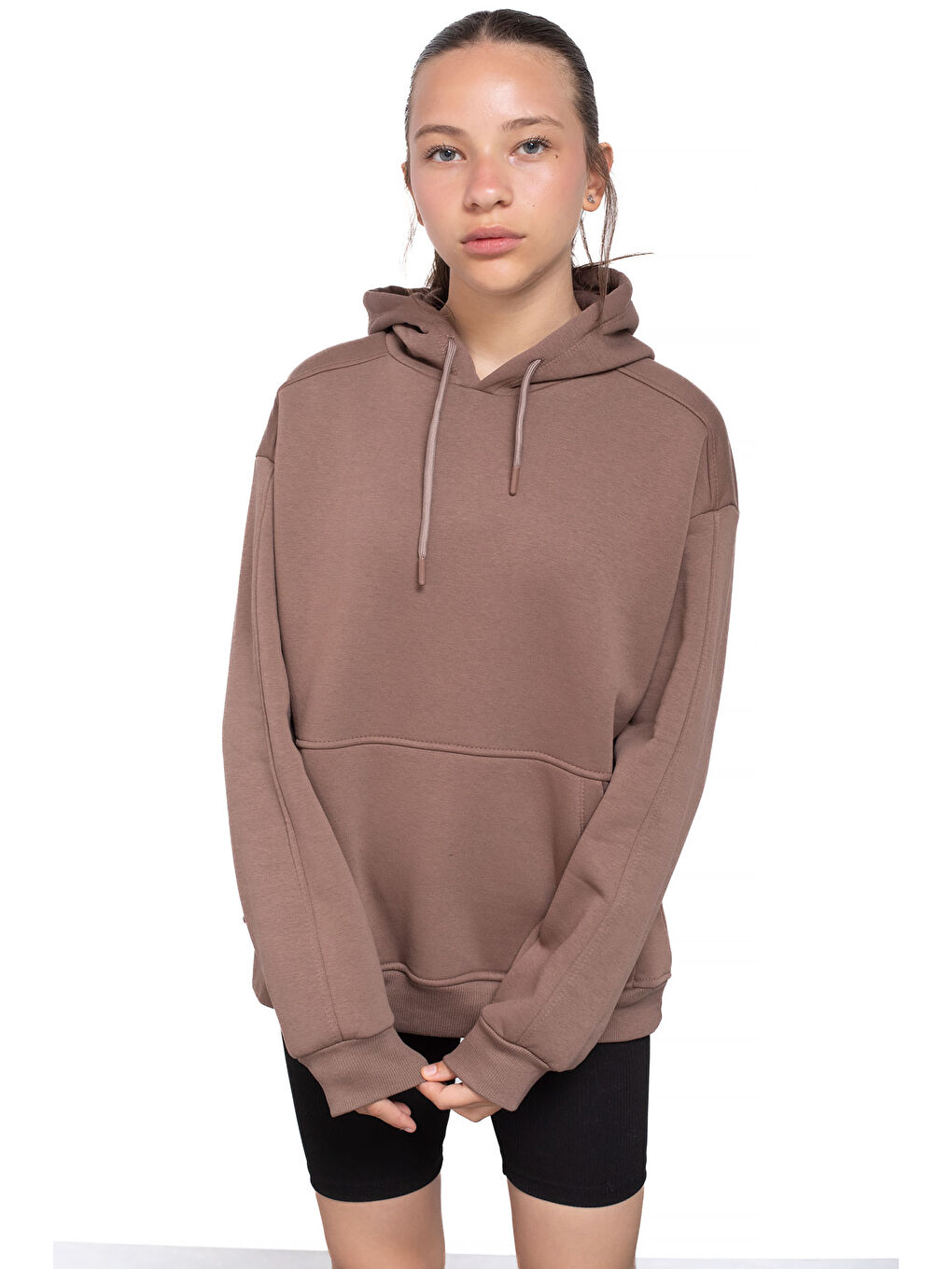 Kahverengi Kahve Kanguru Cepli Basic Şardonlu Kız Çocuk Kapüşonlu Sweatshirt 21208-2
