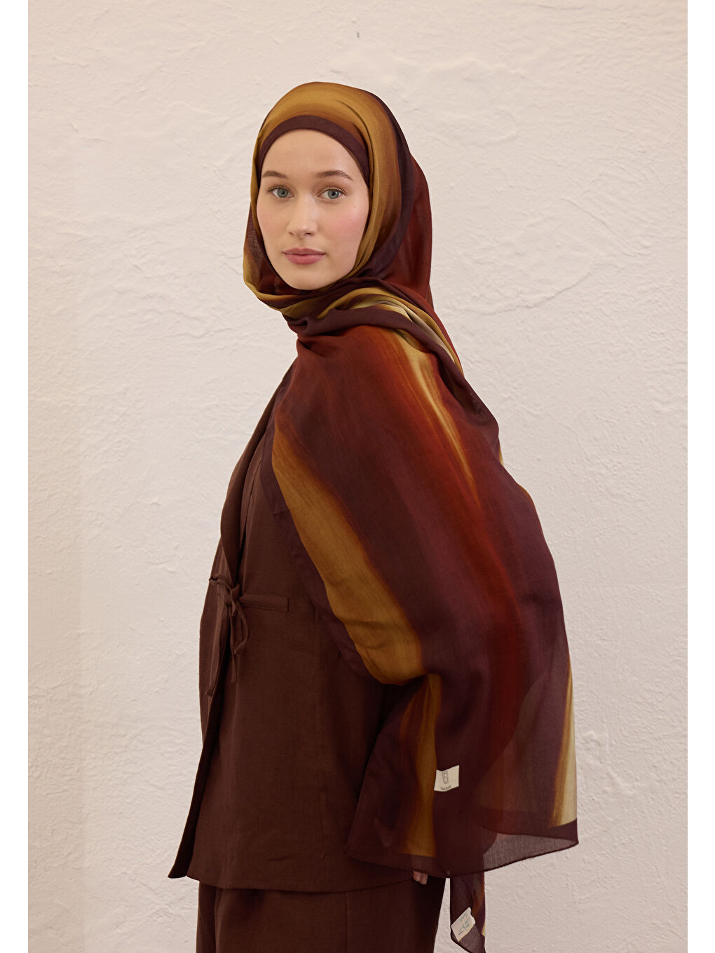 Kahverengi Color Brush Desen Rami Şal Kahve-2