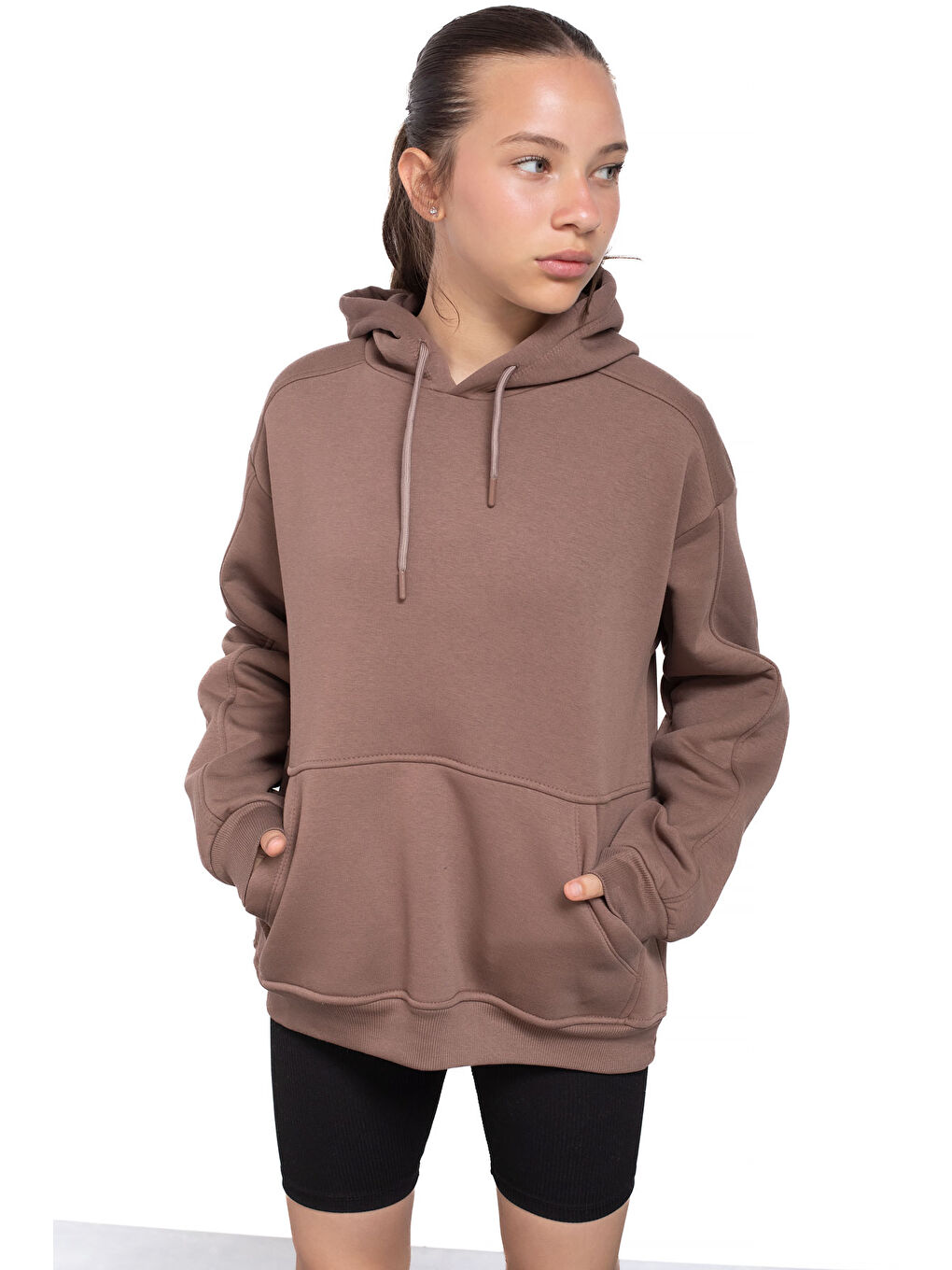 Kahverengi Kahve Kanguru Cepli Basic Şardonlu Kız Çocuk Kapüşonlu Sweatshirt 21208-3
