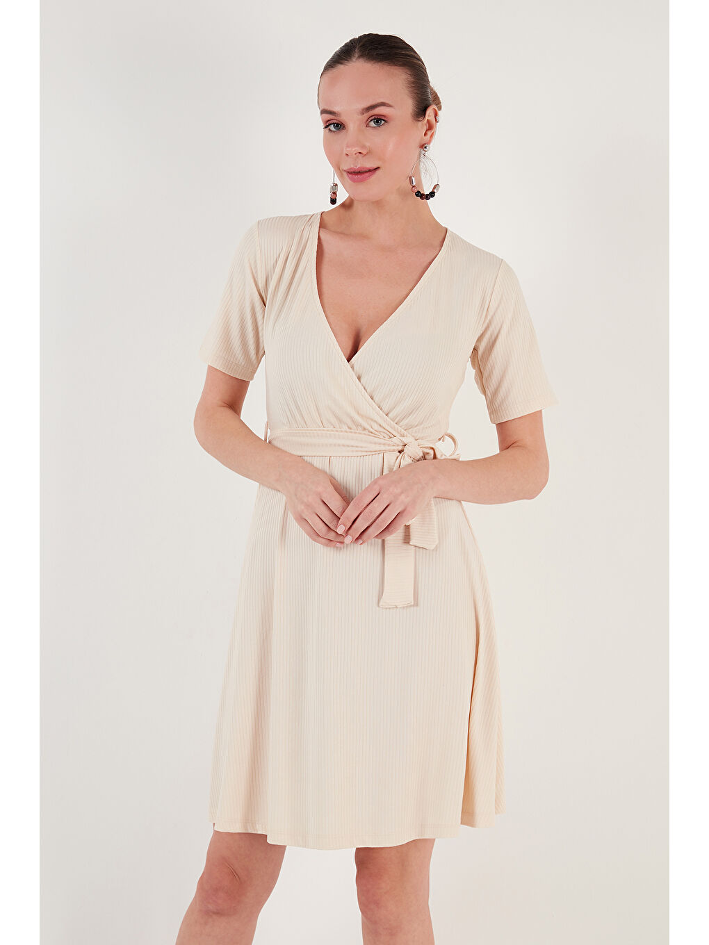 Gri Belden Bağlamalı Kruvaze Yaka Fitilli Kadın Elbise 5864505Y6-2