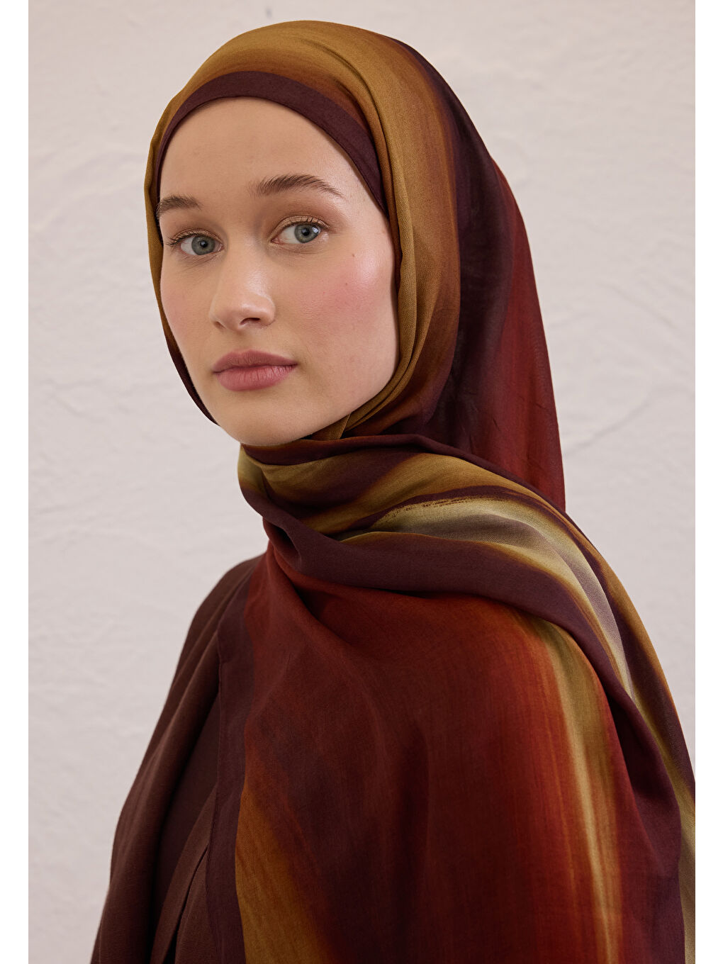 Kahverengi Color Brush Desen Rami Şal Kahve-3