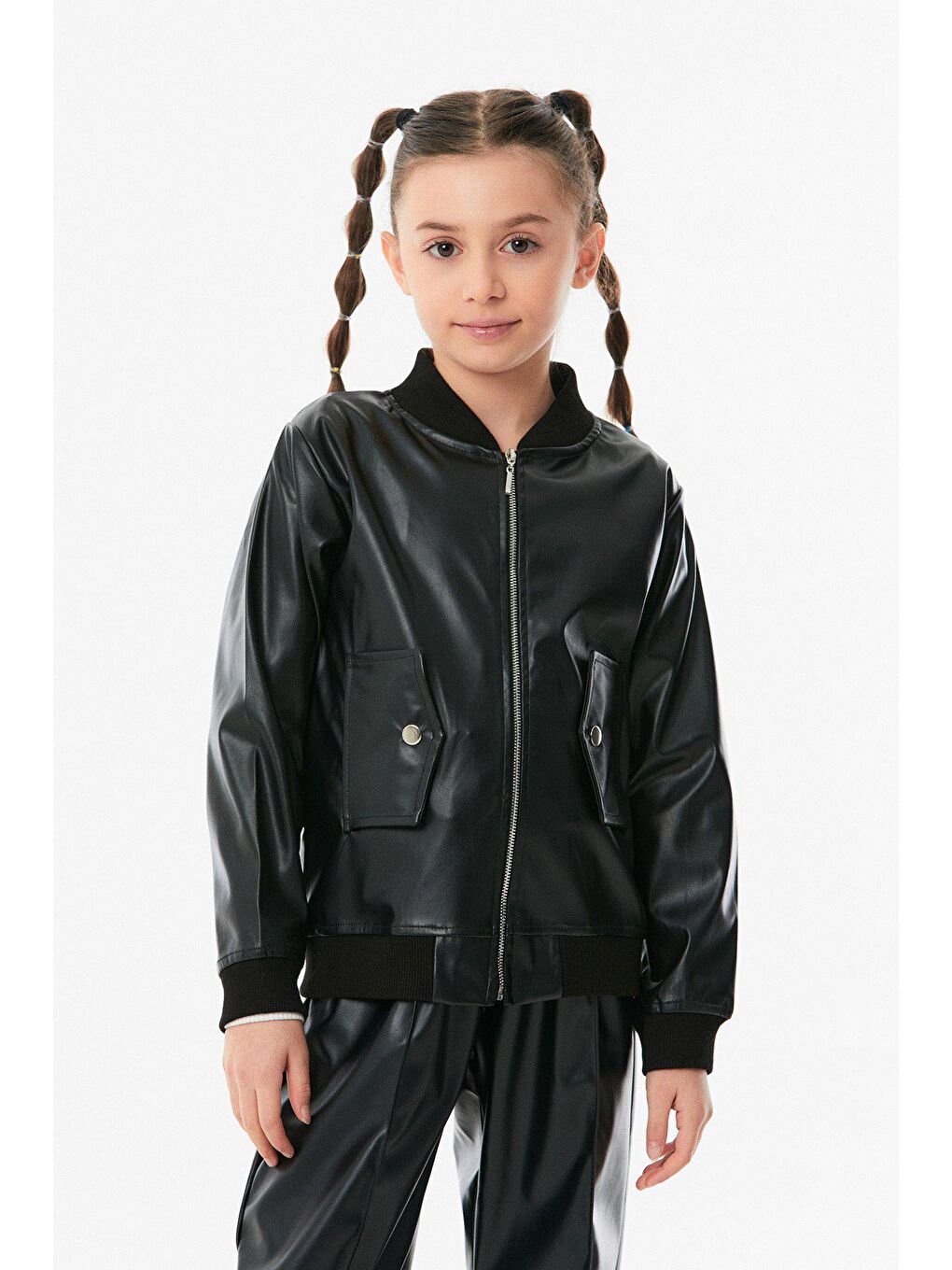 Siyah Suni Deri Kız Çocuk Ceket-4
