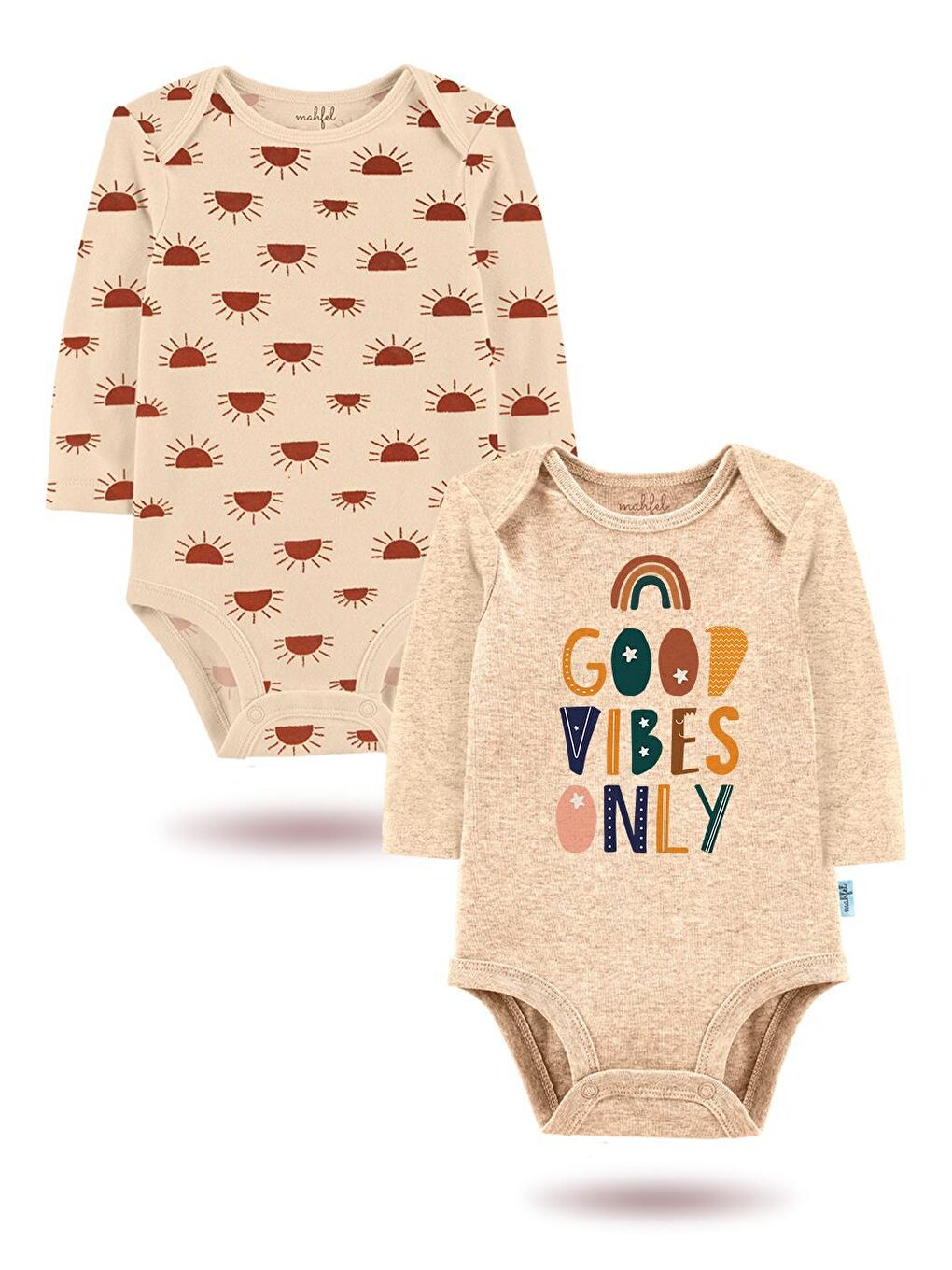 MAHFEL Bej 2'Li " Good Vibes Only "Baskılı Uzun Kollu Unisex Bebek Çıtçıtlı Body