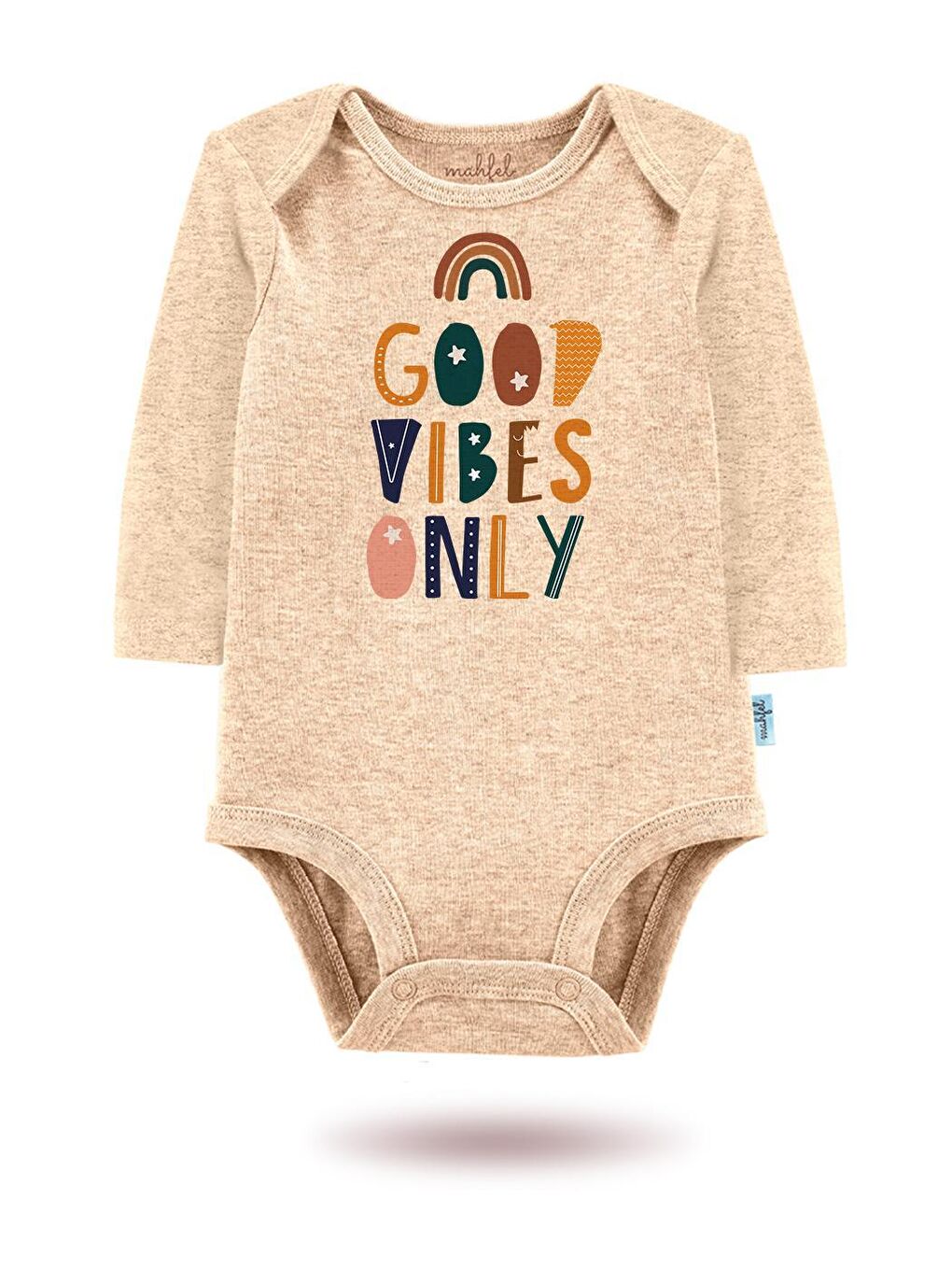 MAHFEL Bej 2'Li " Good Vibes Only "Baskılı Uzun Kollu Unisex Bebek Çıtçıtlı Body - 1