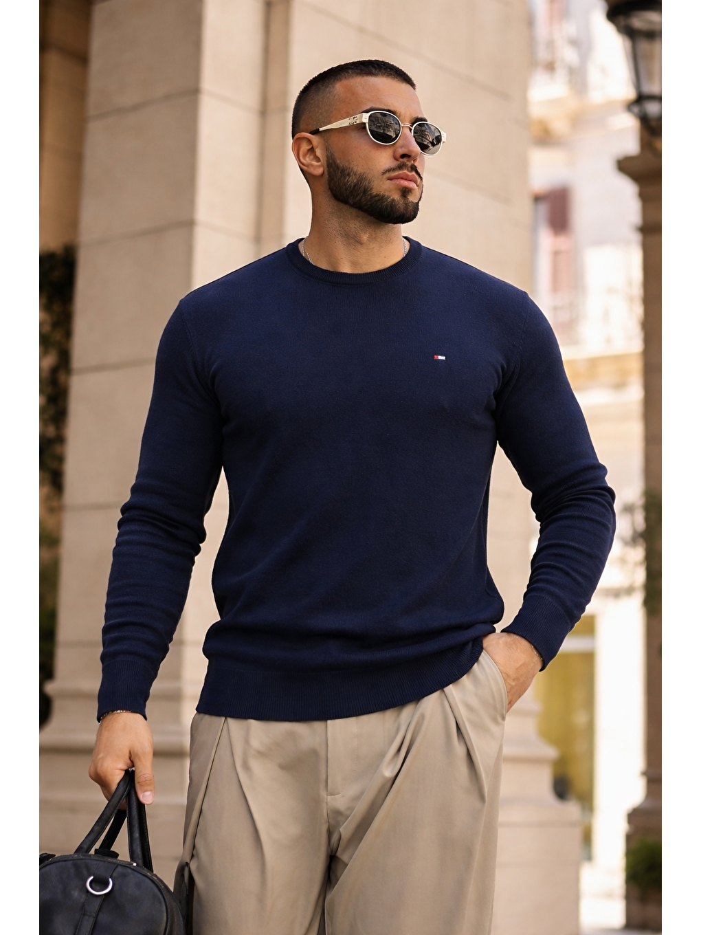 Erkek Trend Comfort Bisiklet Yaka Lacivert Triko Kazak