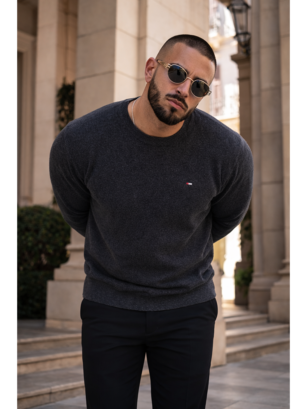 Gri Erkek Trend Comfort Bisiklet Yaka Füme Triko Kazak-1