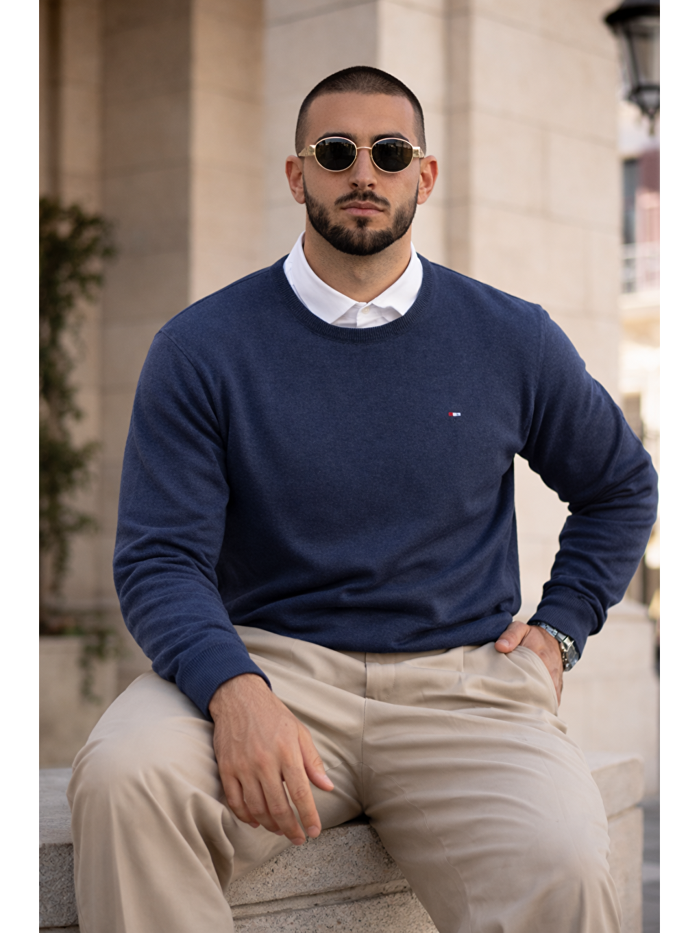 Erkek Trend Comfort Bisiklet Yaka İndigo Triko Kazak-3