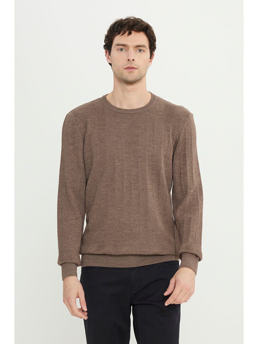 Erkek Kahverengi Yün Standart Fit Normal Kesim Bisiklet Yaka Jakarlı Triko Kazak-2