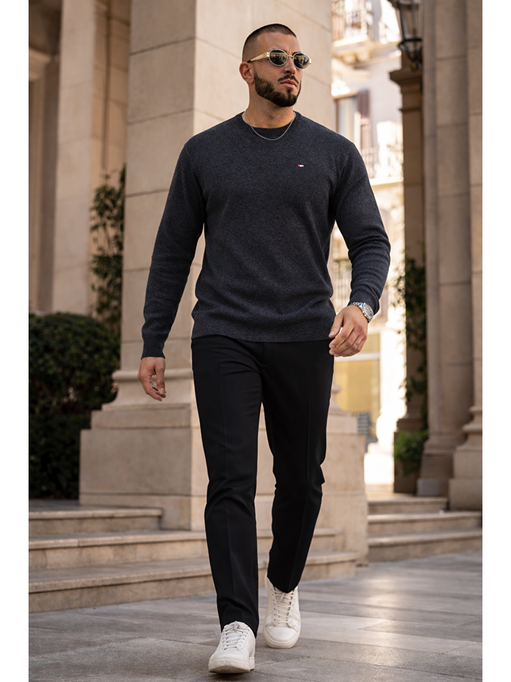 Gri Erkek Trend Comfort Bisiklet Yaka Füme Triko Kazak-2