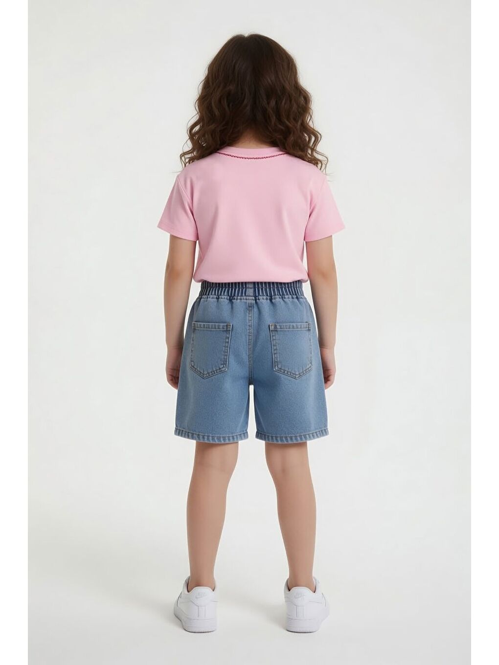 Pembe Kiraz Nakışlı Yaka Detaylı Kız Çocuk Jean Şortlu Takım 24068-4