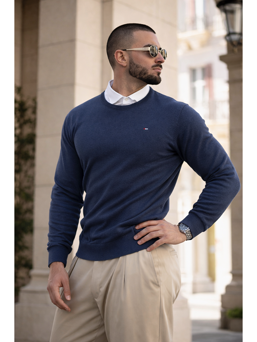 Erkek Trend Comfort Bisiklet Yaka İndigo Triko Kazak-4