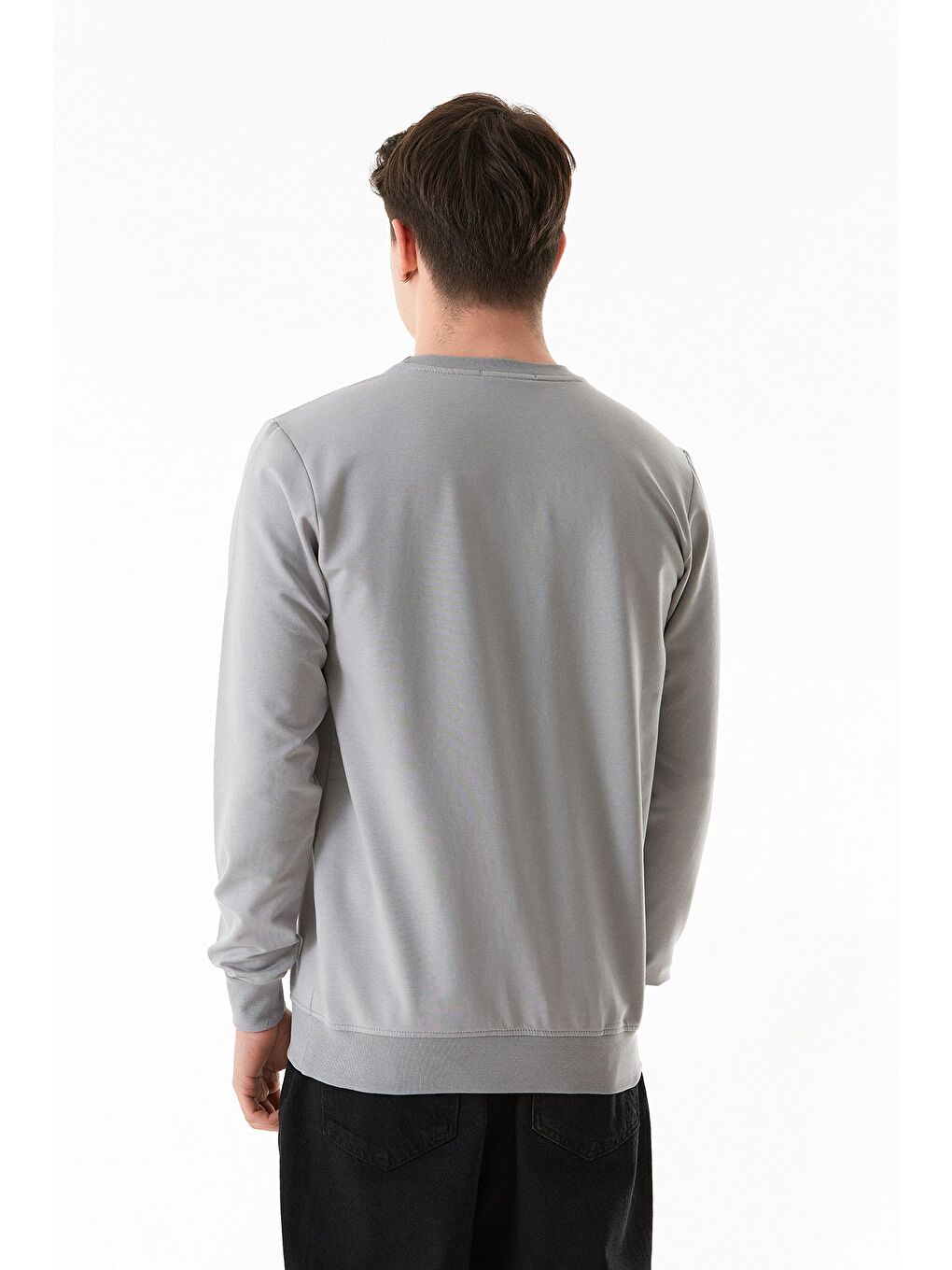 Gri Kabartma Desenli Bisiklet Yaka Sweatshirt-4