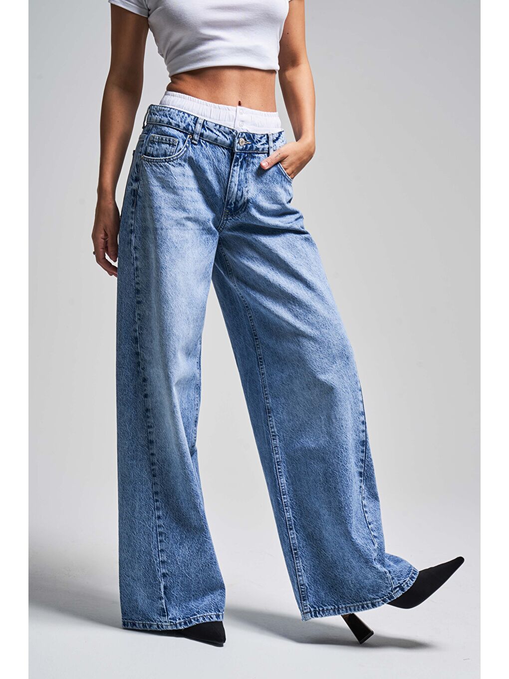 Kadın Mavi Jean Rengi 4S5-4 Boxer Detaylı Palazzo Fit %100 Pamuk Denim Jean-1