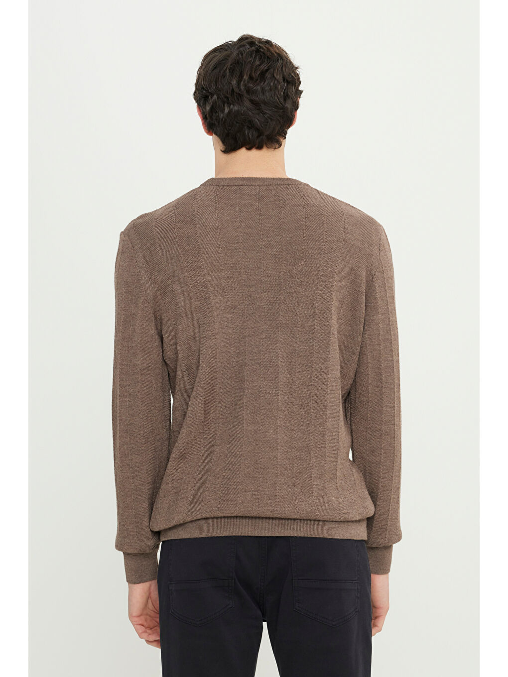 Erkek Kahverengi Yün Standart Fit Normal Kesim Bisiklet Yaka Jakarlı Triko Kazak-4