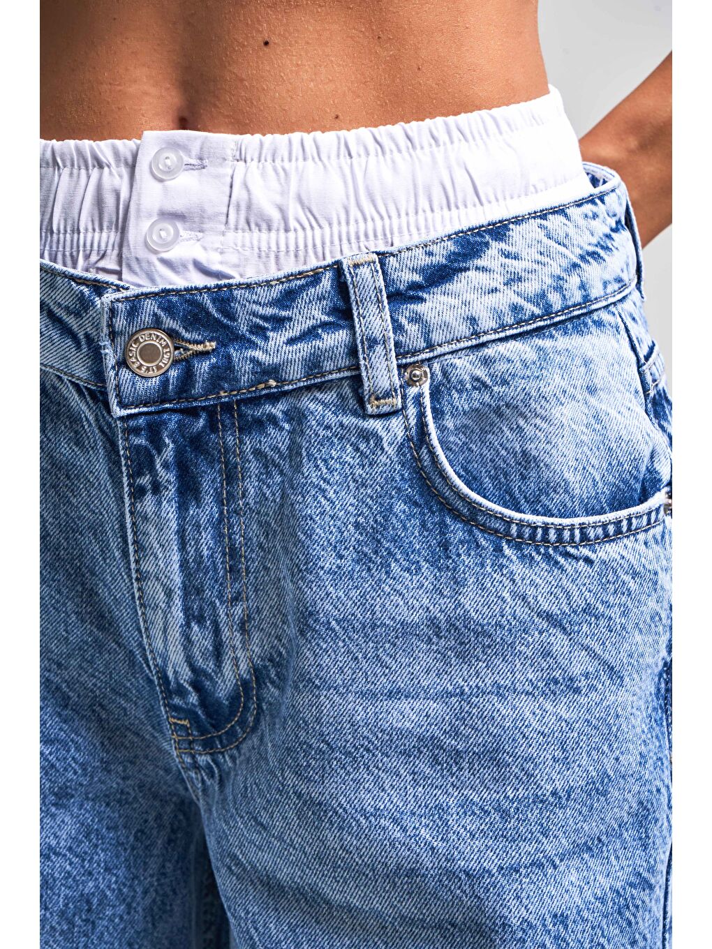 Kadın Mavi Jean Rengi 4S5-4 Boxer Detaylı Palazzo Fit %100 Pamuk Denim Jean-2