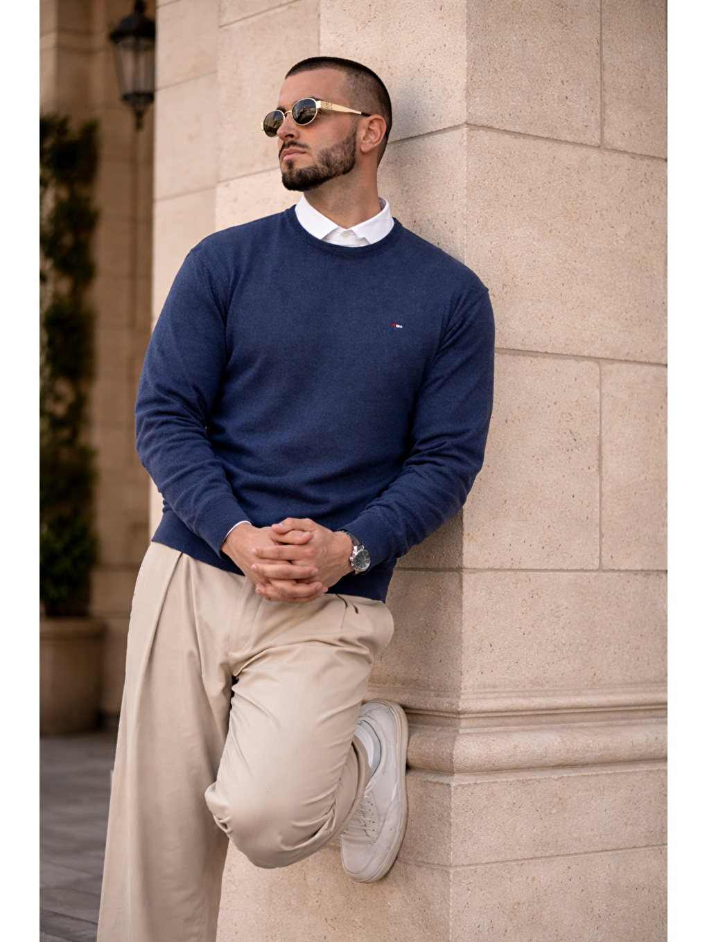 Erkek Trend Comfort Bisiklet Yaka İndigo Triko Kazak-5