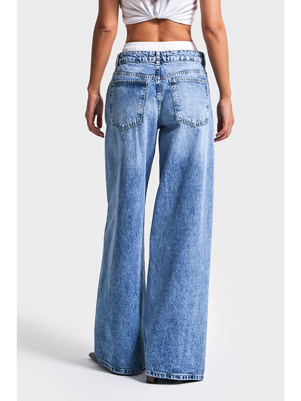 Kadın Mavi Jean Rengi 4S5-4 Boxer Detaylı Palazzo Fit %100 Pamuk Denim Jean-4