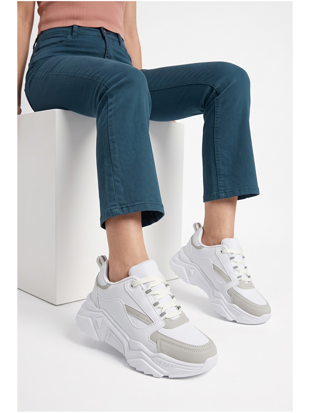 Beyaz Kadın, Kalın Tabanlı, Bağcıklı, Hafif, Günlük Spor Ayakkabı, Sneaker-1