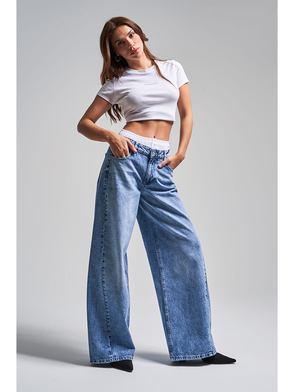 Kadın Mavi Jean Rengi 4S5-4 Boxer Detaylı Palazzo Fit %100 Pamuk Denim Jean-5