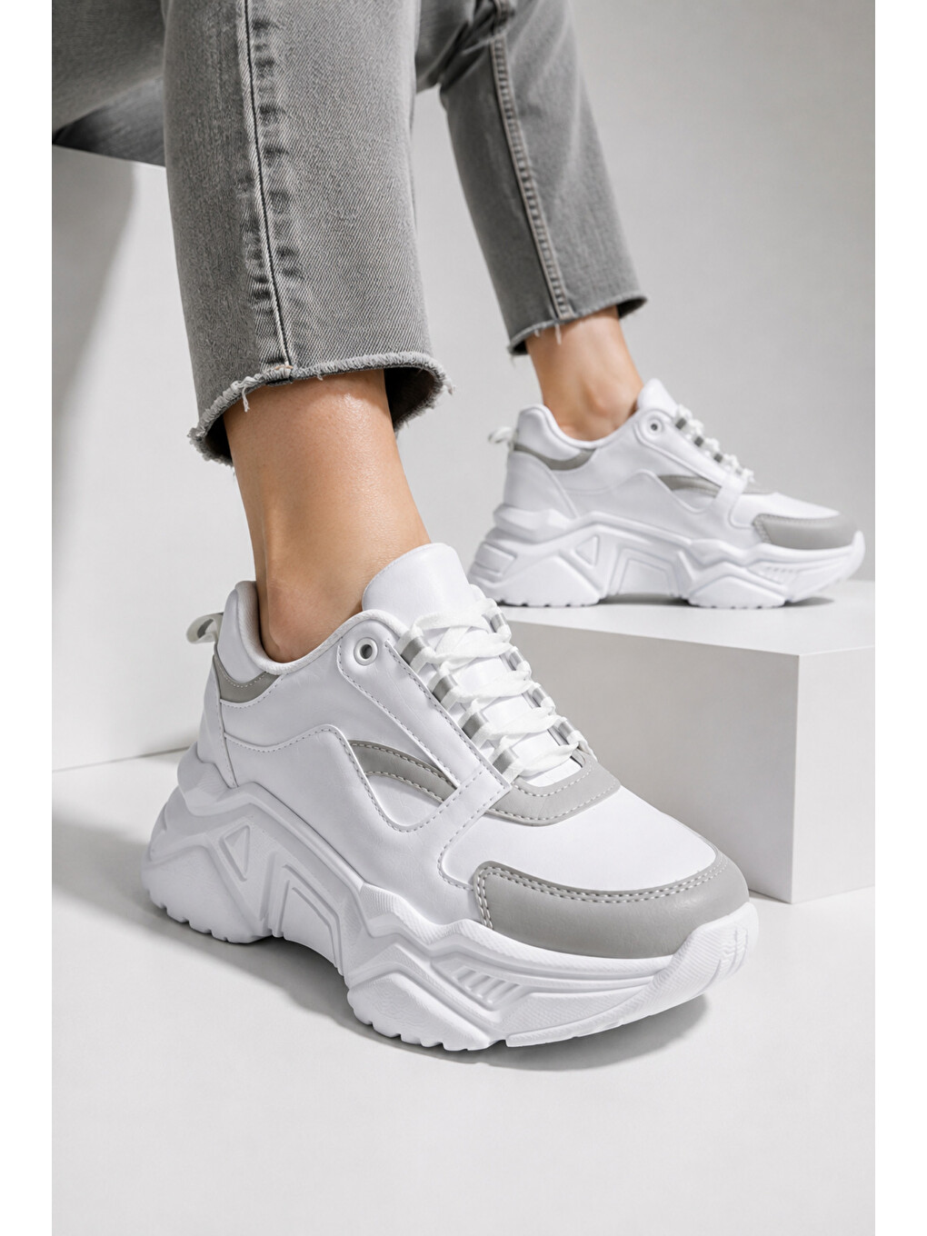 Beyaz Kadın, Kalın Tabanlı, Bağcıklı, Hafif, Günlük Spor Ayakkabı, Sneaker-2