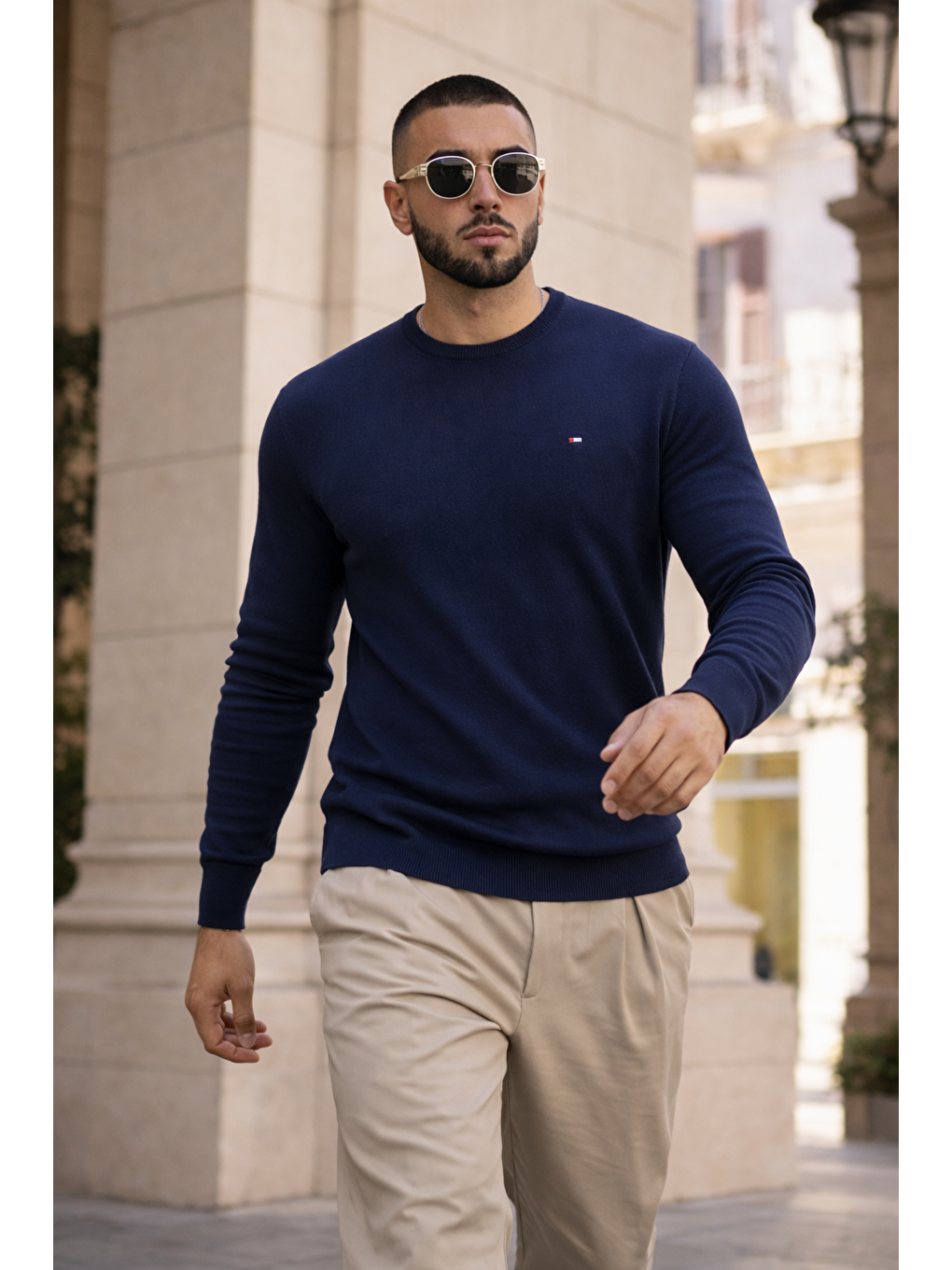 Erkek Trend Comfort Bisiklet Yaka Lacivert Triko Kazak-2