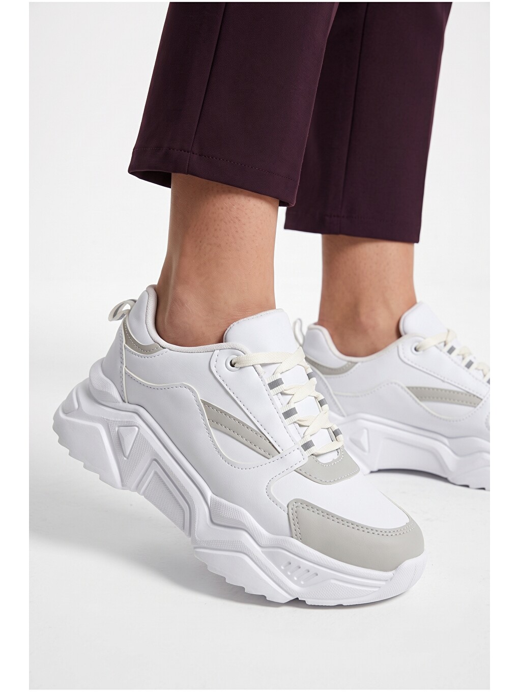 Beyaz Kadın, Kalın Tabanlı, Bağcıklı, Hafif, Günlük Spor Ayakkabı, Sneaker-4