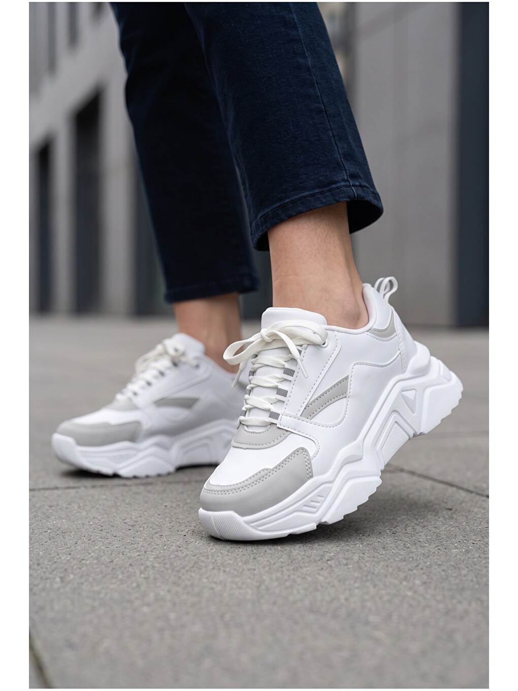 Beyaz Kadın, Kalın Tabanlı, Bağcıklı, Hafif, Günlük Spor Ayakkabı, Sneaker-5