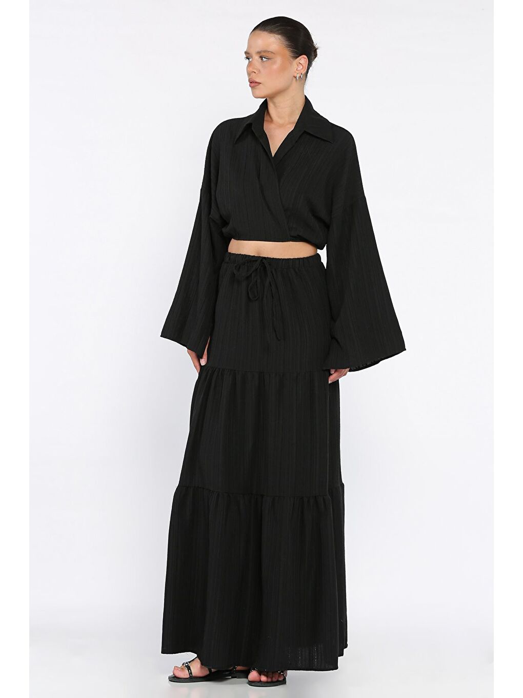 Siyah Kadın Bağlamalı Bluz Etek İkili Takım (astarlı Kullanım Önerilir)-1