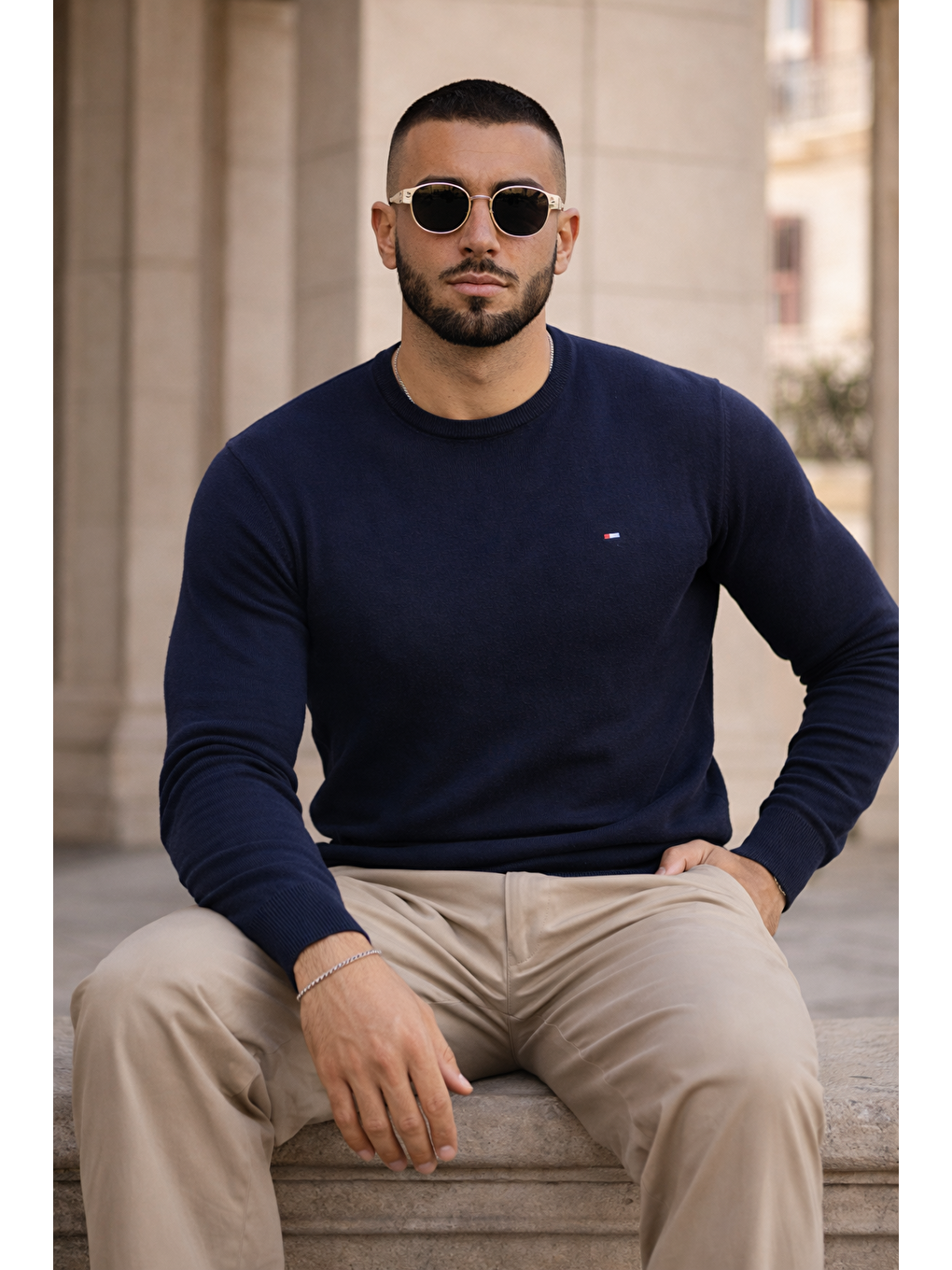 Erkek Trend Comfort Bisiklet Yaka Lacivert Triko Kazak-3