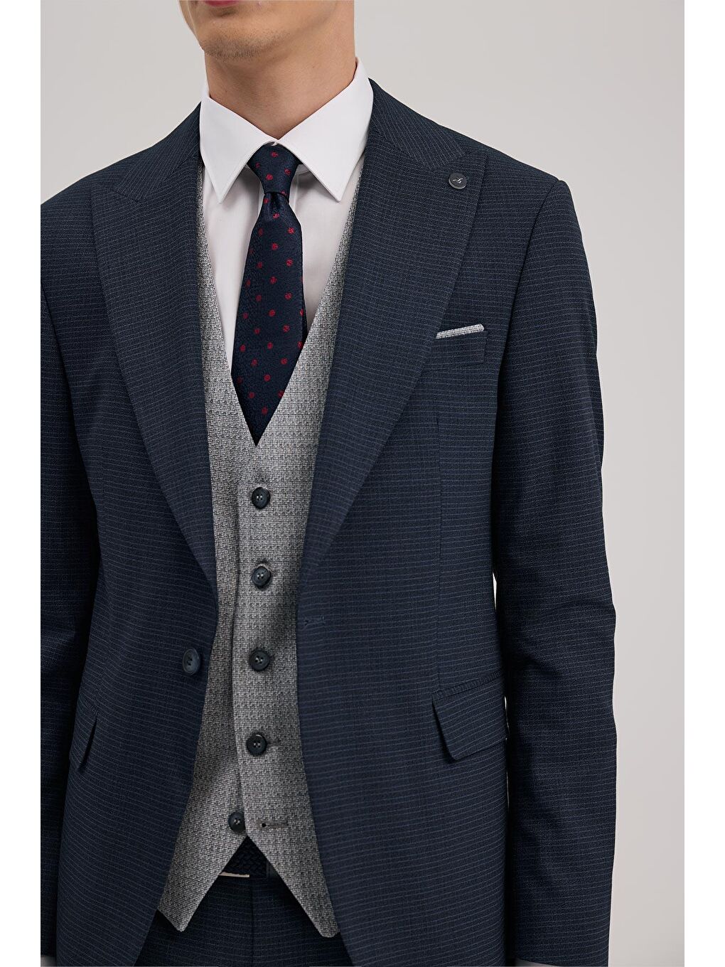 Lacivert Slim Fit Kırlangıç Yaka Yelekli Kombinli Takım Elbise-2