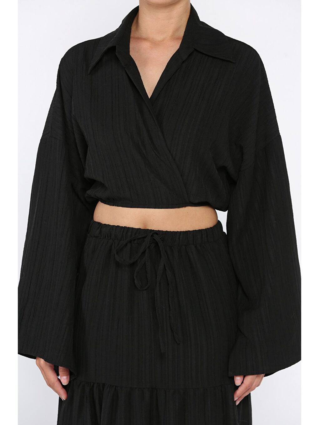 Siyah Kadın Bağlamalı Bluz Etek İkili Takım (astarlı Kullanım Önerilir)-3