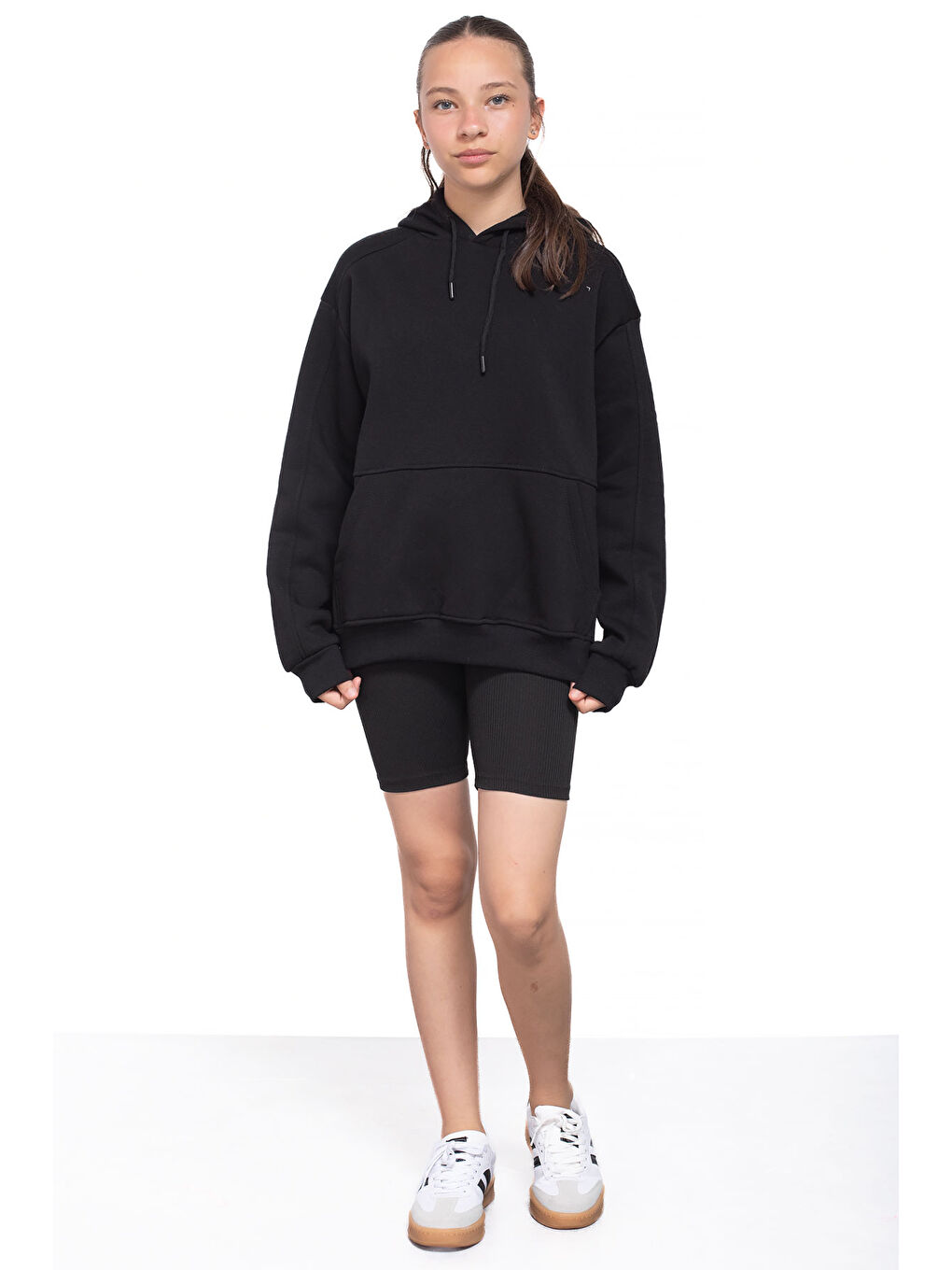 Siyah Kanguru Cepli Basic Şardonlu Kız Çocuk Kapüşonlu Sweatshirt 21207