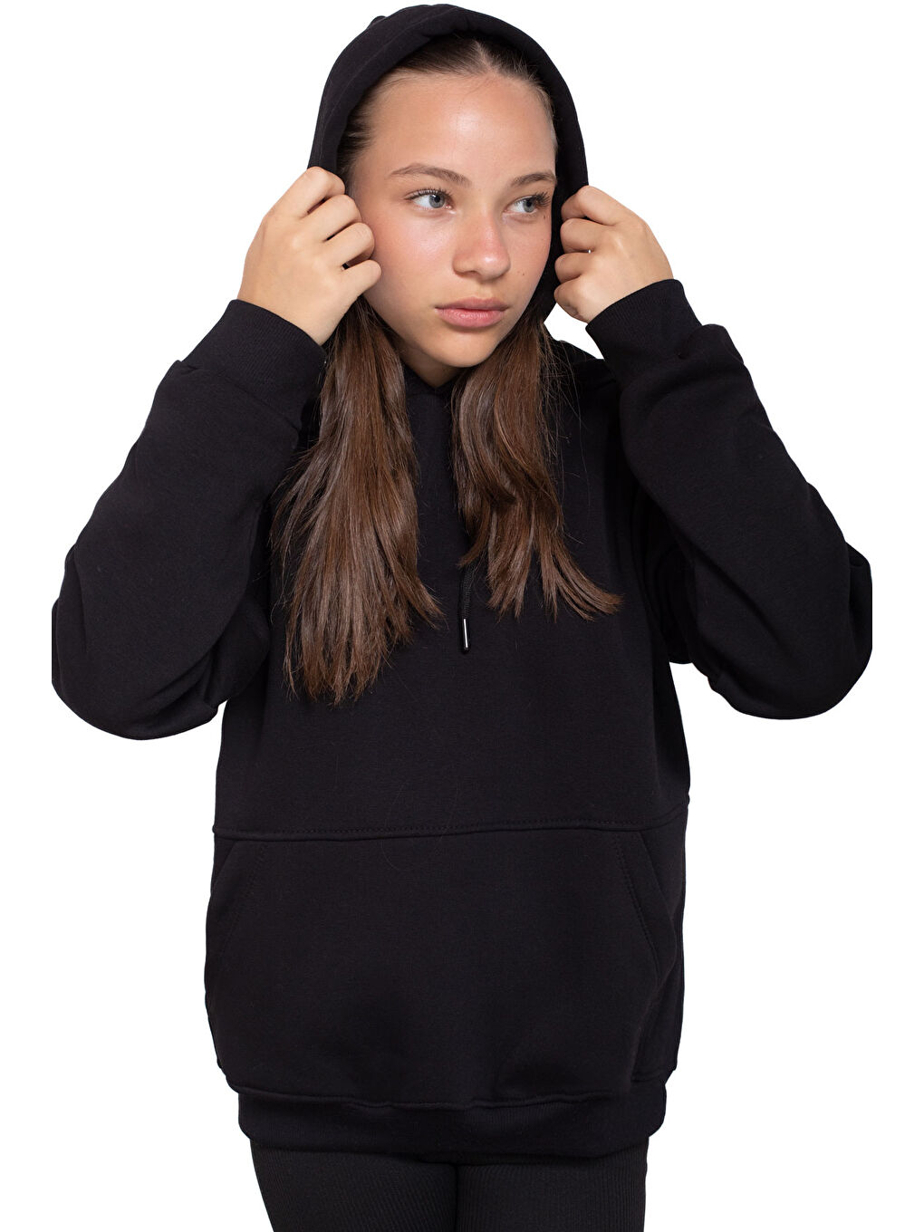 Siyah Kanguru Cepli Basic Şardonlu Kız Çocuk Kapüşonlu Sweatshirt 21207-2