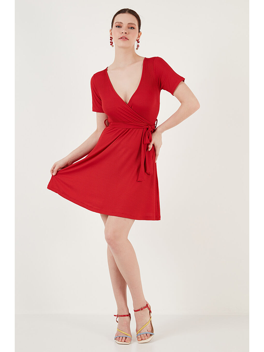 Kırmızı Belden Bağlamalı Kruvaze Yaka Fitilli Kadın Elbise 5864505Y6-2