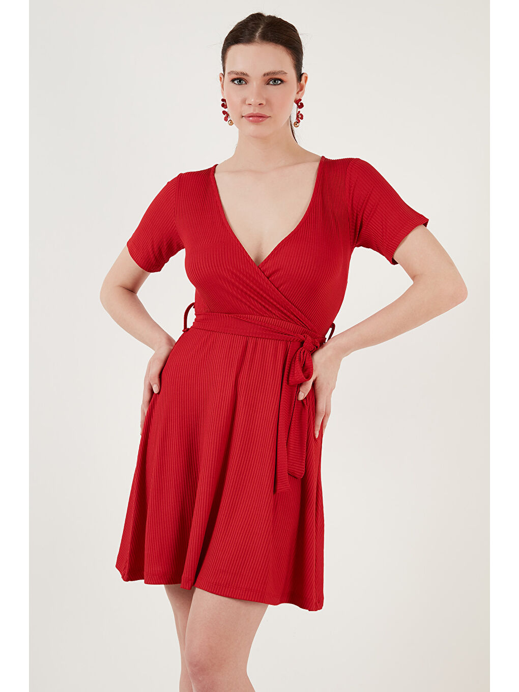 Kırmızı Belden Bağlamalı Kruvaze Yaka Fitilli Kadın Elbise 5864505Y6-3