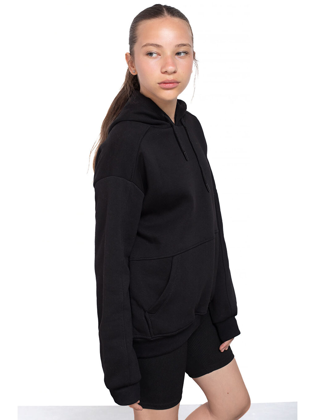 Siyah Kanguru Cepli Basic Şardonlu Kız Çocuk Kapüşonlu Sweatshirt 21207-4