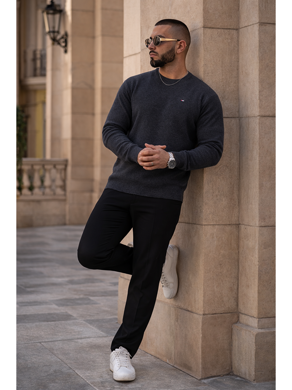 Gri Erkek Trend Comfort Bisiklet Yaka Füme Triko Kazak-5