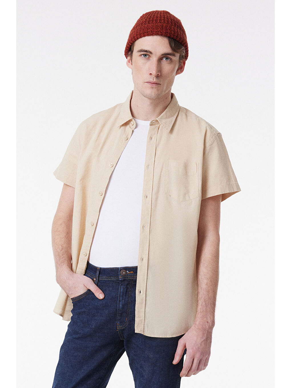 Bej Regular Fit Normal Kesim Kısa Kollu Gömlek-3