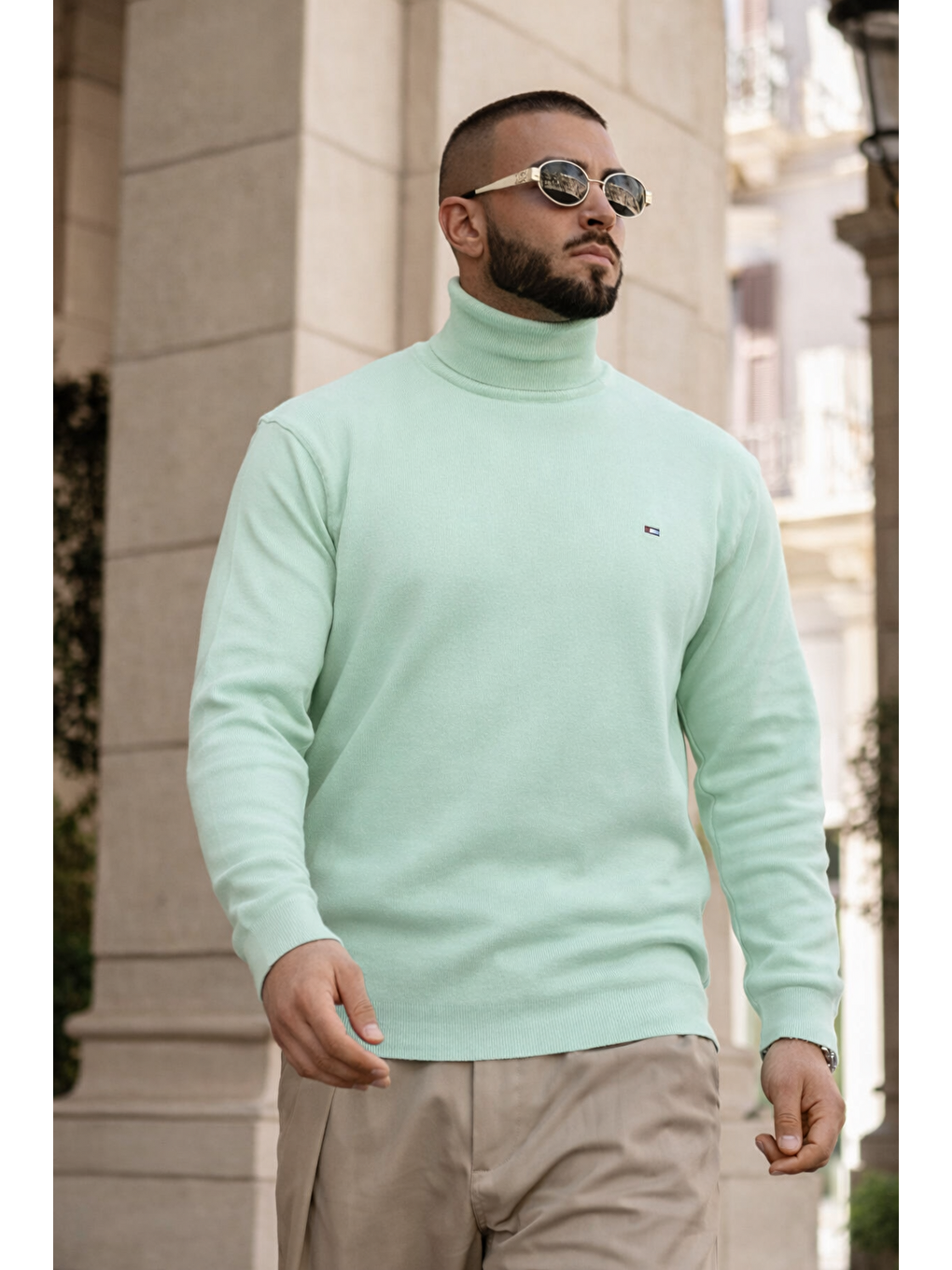 Yeşil Erkek Günlük Premium Comfort Boğazlı Mint Triko Kazak