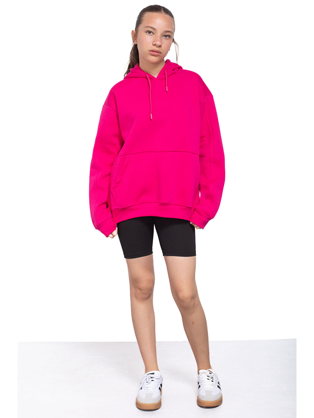 Fuşya Kanguru Cepli Basic Şardonlu Kız Çocuk Kapüşonlu Sweatshirt 21206