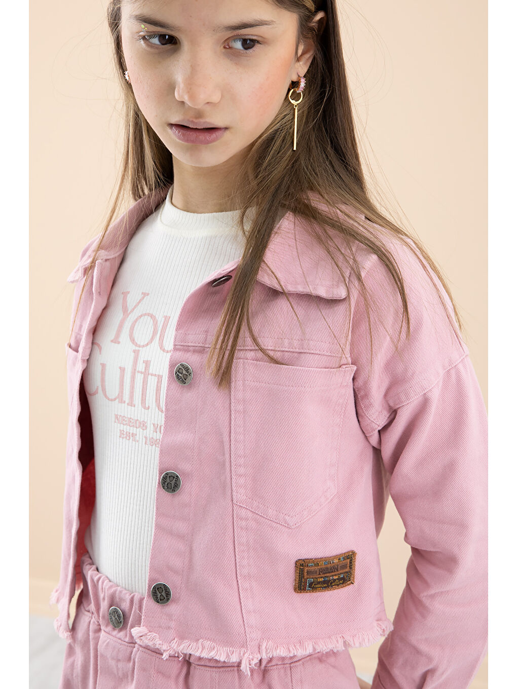 Pembe Püsküllü Jean Ceketli Kız Çocuk 3'lü Etekli Takım 20175-1