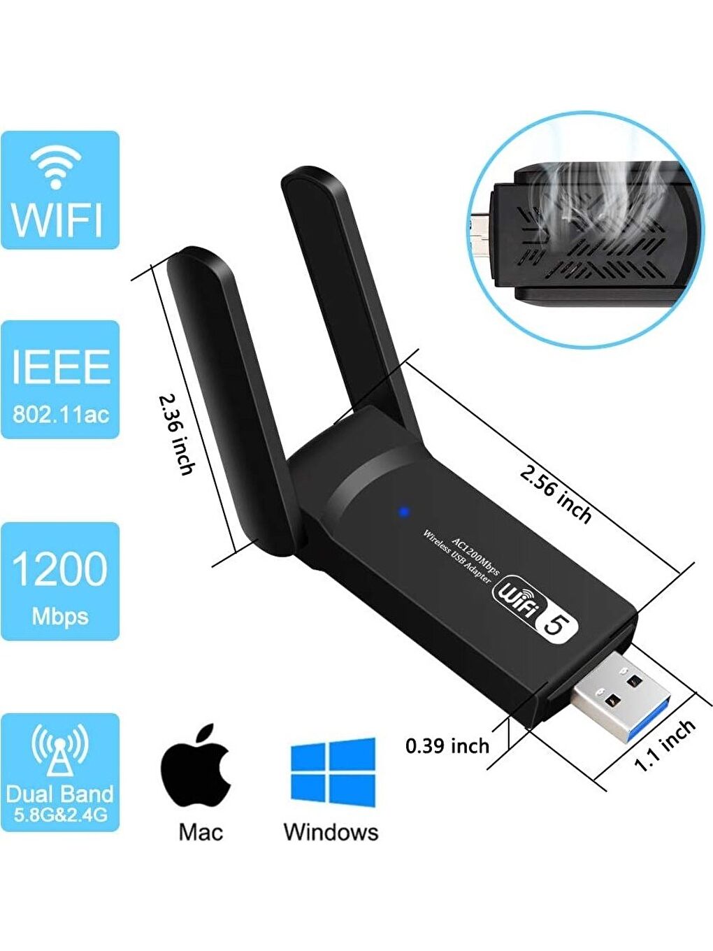 AC1200 Mbps Dual Band USB 3.0 Adaptör Kablosuz Wifi Alıcı-3