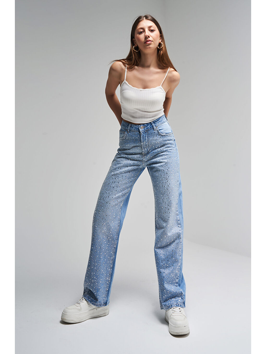 Mavi Kadın Jean Rengi Doris T6-2S5-3 Önü Parlak Taşlı Straight Fit %100 Pamuk Tasarım Denim Jean-5