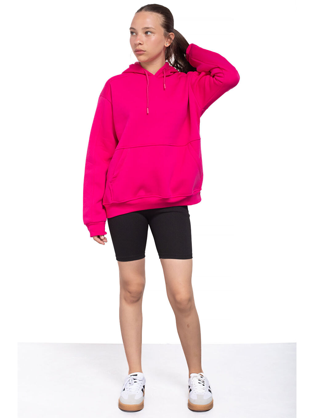 Fuşya Kanguru Cepli Basic Şardonlu Kız Çocuk Kapüşonlu Sweatshirt 21206-1