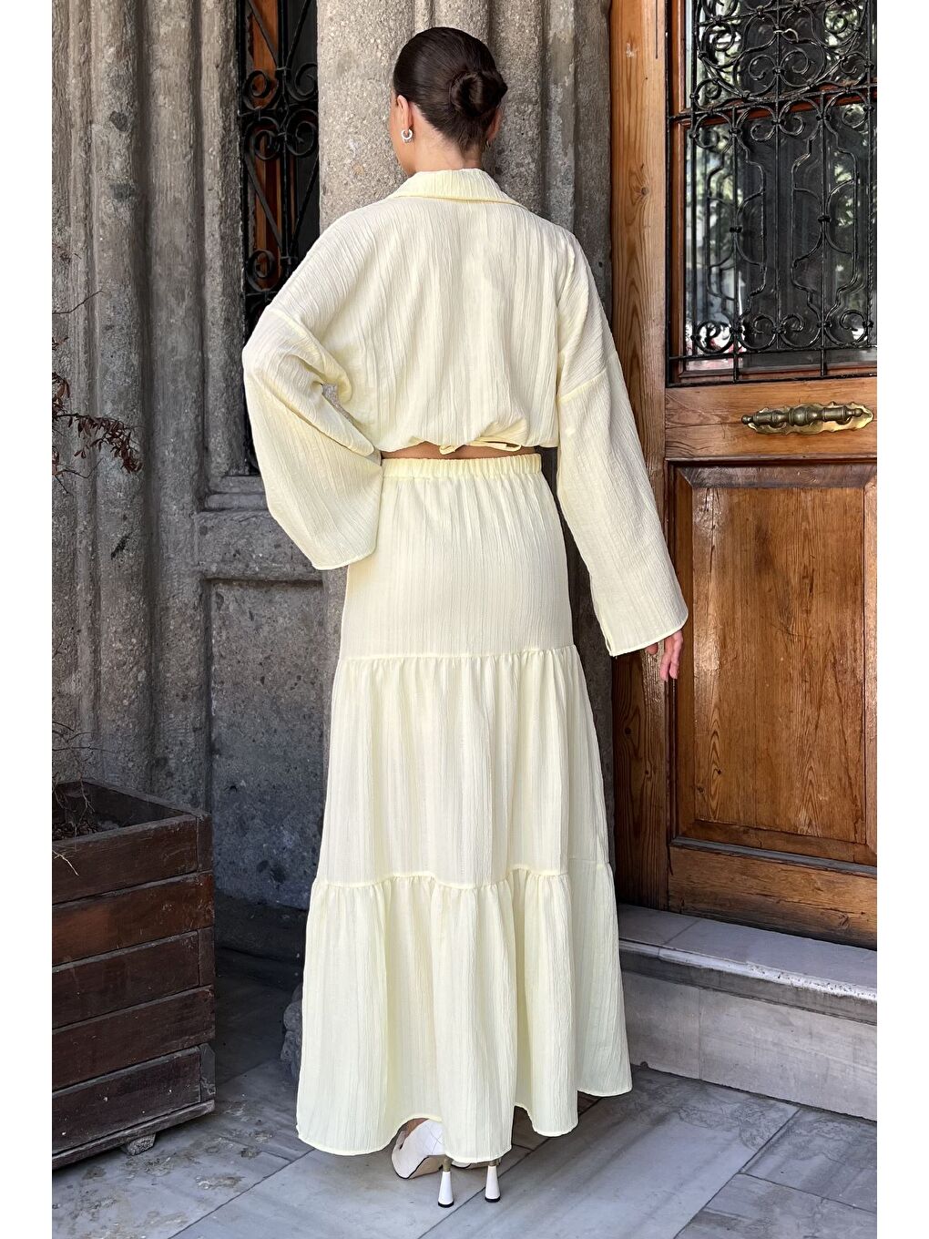 Sarı Kadın Bağlamalı Bluz Etek İkili Takım (astarlı Kullanım Önerilir)-2