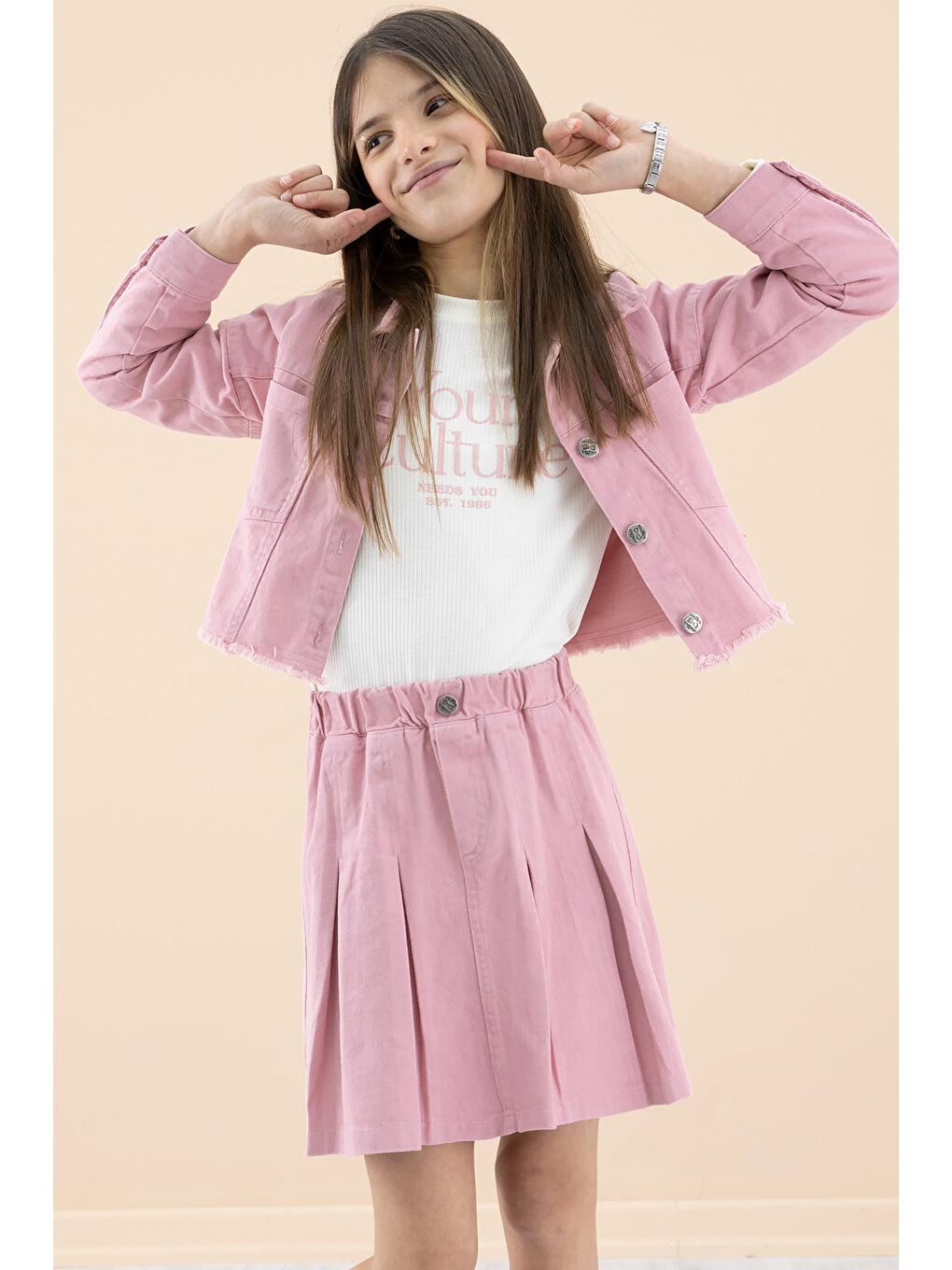 Pembe Püsküllü Jean Ceketli Kız Çocuk 3'lü Etekli Takım 20175-3