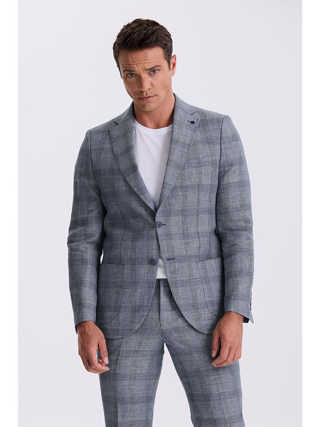 Lacivert Slim Fit Mono Yaka Kareli Torba Cepli %100 Keten Takım Elbise-1