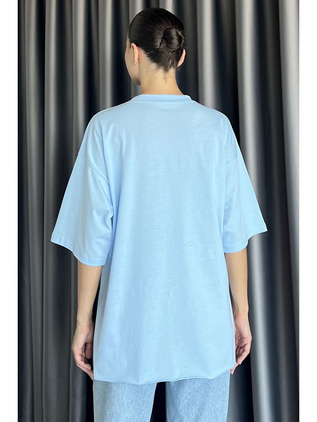 Mavi Kadın Bisiklet Yaka Yan Yırtmaç Detaylı Salaş T-shirt-2