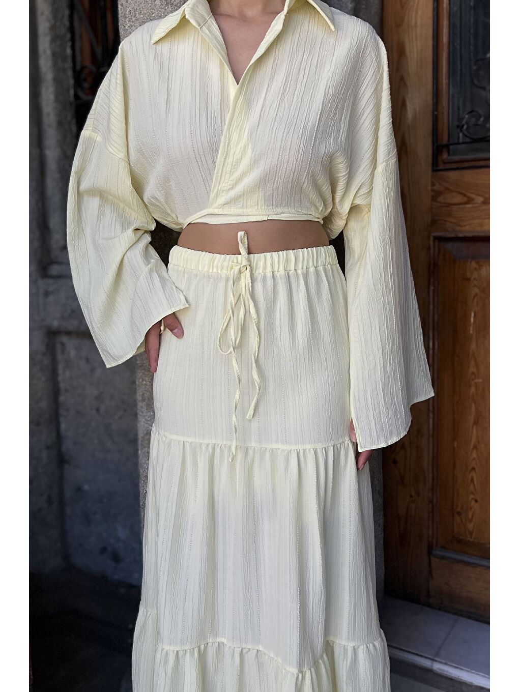 Sarı Kadın Bağlamalı Bluz Etek İkili Takım (astarlı Kullanım Önerilir)-3