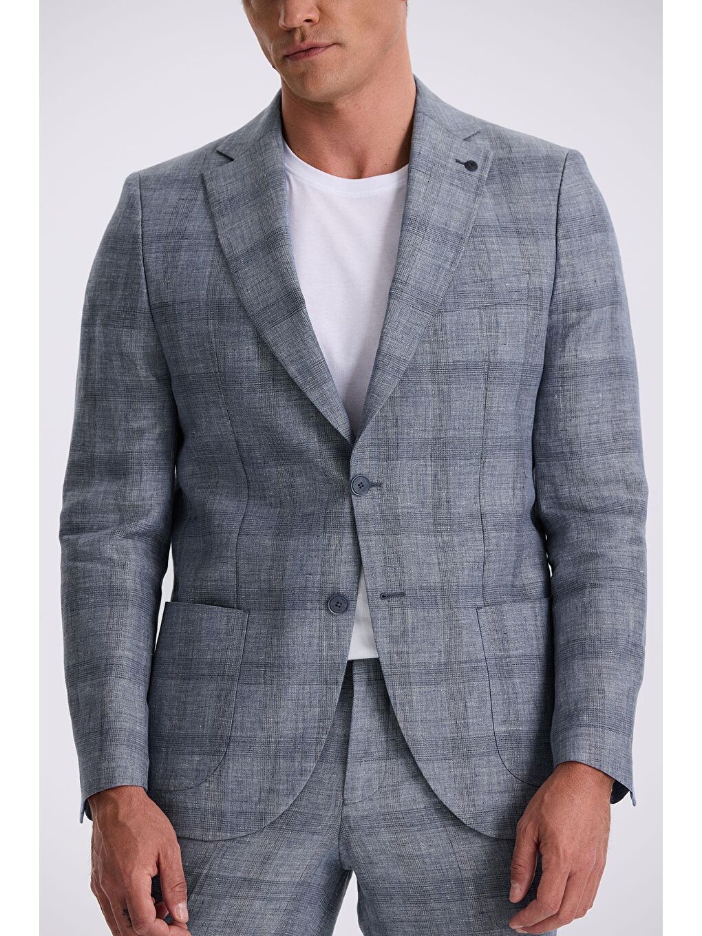 Lacivert Slim Fit Mono Yaka Kareli Torba Cepli %100 Keten Takım Elbise-2